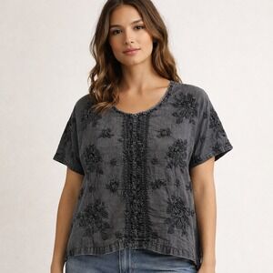 Kyla Seo Embroidered Tunic Top Short Sleeve Gray /Black Women's Small Boxy‎ Boho